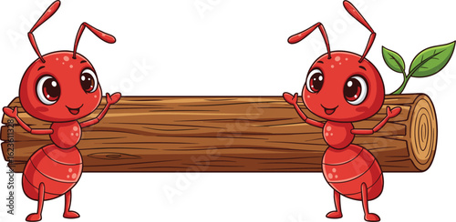 Two cartoon ants holding wooden log with leaf, happy insect characters in CAD drawing flat vector illustration for nature-themed clipart