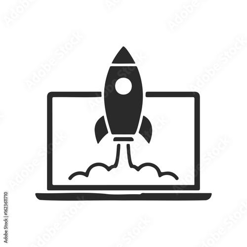 Rocket launching from laptop screen symbolizing technology and innovation