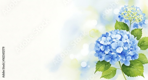 Softly blended watercolor background featuring delicate blue hydrangea blossoms and green leaves