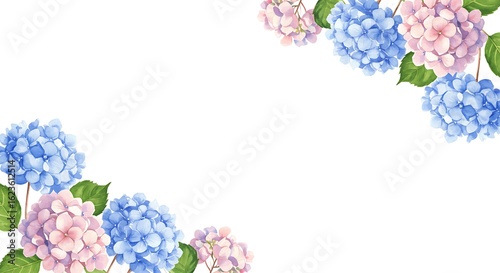 Softly rendered watercolor hydrangeas in pastel blue and pink create a delicate floral border on a clean white background