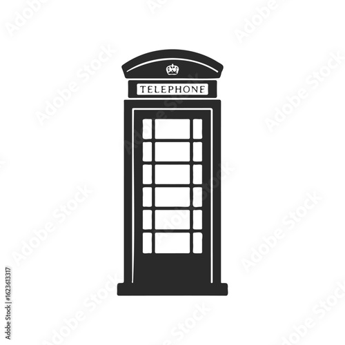Classic british red telephone booth icon with crown symbol on white background