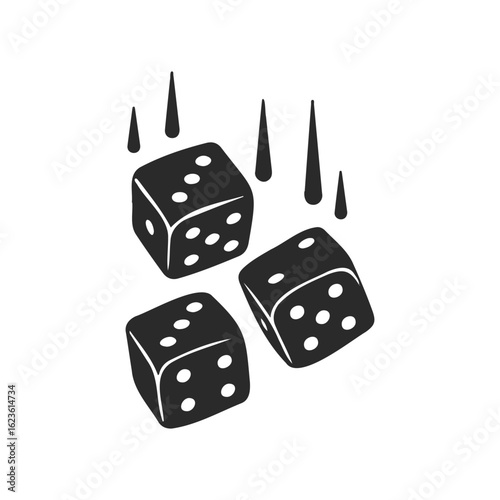 Rolling dice with pips and stylized effects on white background