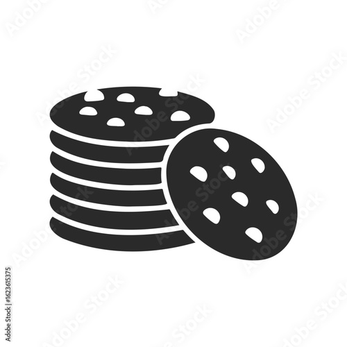 Black and white icon of stacked chocolate chip cookies