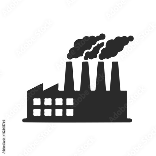 Black silhouette of factory with smokestacks emitting pollution on white background