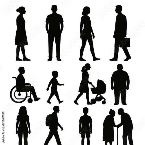Silhouette collection depicting diverse individuals and family structures in various poses and activities