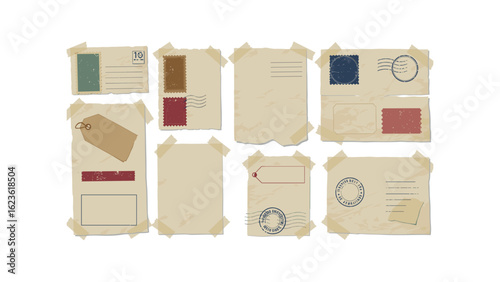 Collection of vintage paper notes and postcards taped to a white background on transparent background