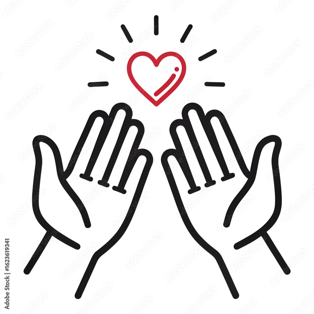 Obraz premium Stylized hands reaching up towards a glowing heart, isolated on transparent background