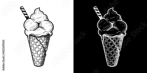 Ice cream cone illustration, isolated vector image, two design variants on transparent and black background, pencil drawing, chalk drawing
