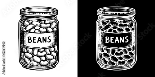 Isolated vector image of bean jar, two design variants on transparent and black background, pencil drawing, chalk drawing
