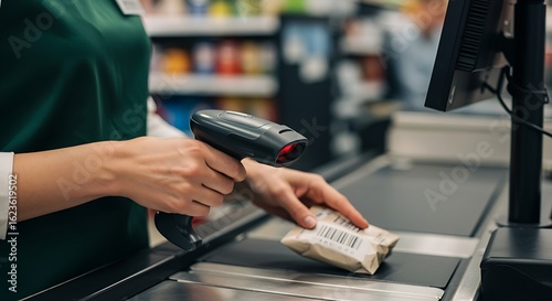  Um close-up ultrarrealista das mãos de uma caixa a passar um produto num leitor de código de barras. 