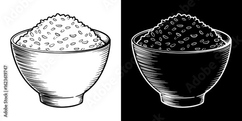 Bowl of rice, isolated vector image, two design variants on transparent and black background, pencil drawing, chalk drawing
