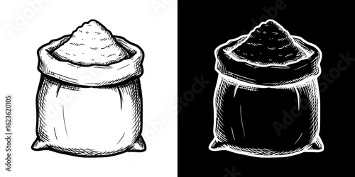 Flour sack, isolated vector image, two design variants on transparent and black background, pencil drawing, chalk drawing
