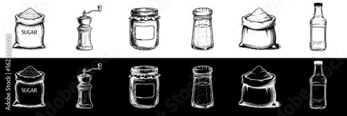 set of images: bag of sugar, pepper shaker, jar with empty label, salt shaker, bag of flour, vinegar bottle, isolated vector image, two design variants on transparent and black background, chalk