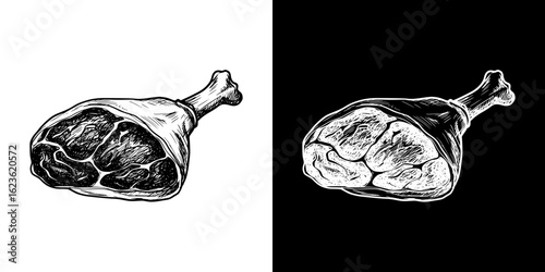 Isolated vector image of a meat on the bone,  two design variants on transparent and black background, pencil drawing, chalk drawing  