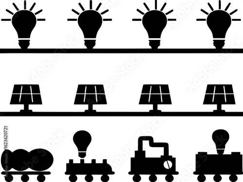 "Black and white icons depicting the evolution of energy technology — from early lightbulbs and steam engines to modern solar panels and smart grids. Arranged in a clean timeline-like grid, with a con