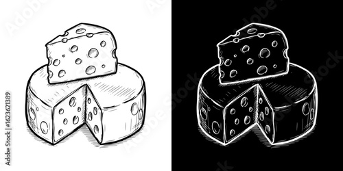 Cheese illustration, isolated vector image, two design variants on transparent and black background, pencil drawing, chalk drawing
