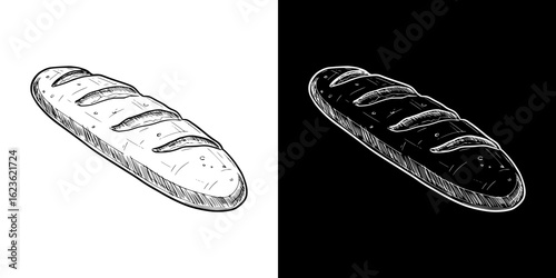 Pencil drawing of a loaf of bread, isolated vector image, two design variants on transparent and black background, pencil drawing, chalk drawing

