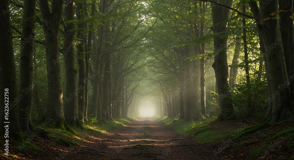 Obraz premium Sunlit Path Through a Misty Tunnel of Ancient Beech Trees