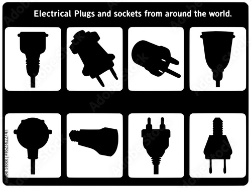 "Minimalist black and white icon grid showing various types of electrical plugs and sockets from around the world. Each icon is clearly labeled, highly stylized, and presented in a flat, two-dimension