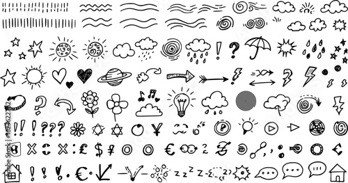 Сollection of various black doodle elements, manga-style illustration pictogram icon set. EPS version.