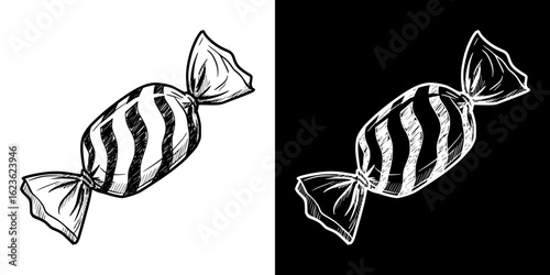 High-contrast sketch of striped candy, isolated vector image, two design variants on transparent and black background, pencil drawing, chalk drawing