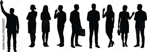 Silhouettes of confident business professionals standing, waving, holding briefcases, interacting in formal attire, isolated on white background, teamwork, communication, unity