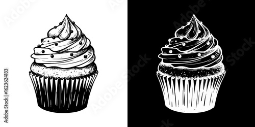 cupcake with swirl icing design, isolated vector image, two design variants on transparent and black background, pencil drawing, chalk drawing  