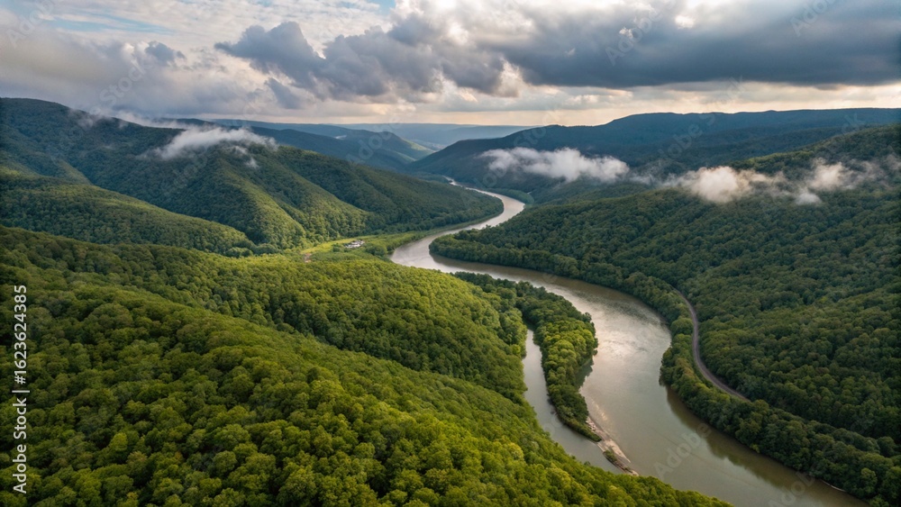 Fototapeta premium Aerial View of Serpentine River Winding Through Lush Green Mountain Valley