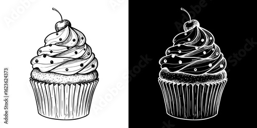Isolated vector image of a cupcake with cherry, isolated vector image, two design variants on transparent and black background, pencil drawing, chalk drawing
