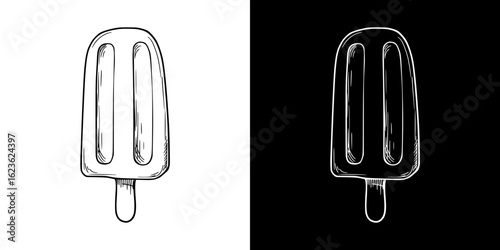 Isolated vector image of ice cream popsicle, isolated vector image, two design variants on transparent and black background, pencil drawing, chalk drawing