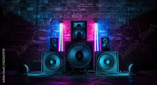 Neon-lit speakers on a brick wall