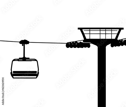 Silhouette of a ski lift with a chair and a support tower against a white background in a simple design