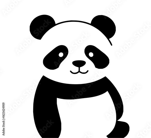 Illustration of a panda bear with black ears and eye patches in a simple cartoon style design looking forward