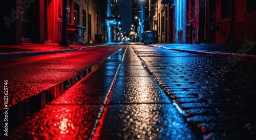 Night city street, vibrant colors reflected in wet pavement
