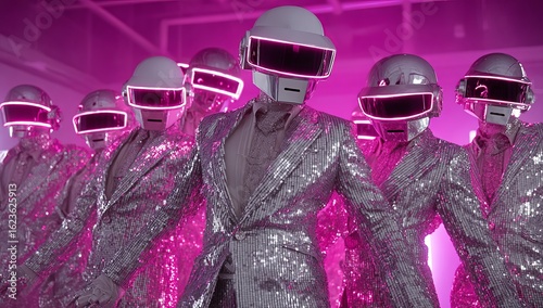 A group of dancers wearing sequin-covered spacesuits with neon lights, dancing in the dark purple studio, wide shot, photorealistic, cinematic.