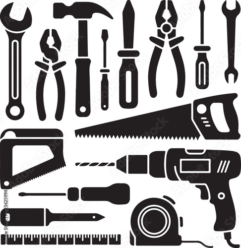 Assorted hand and power tools for construction and repair wrench pliers
