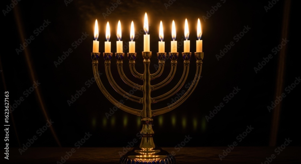 Fototapeta premium Nine-branched menorah, lit candles, dark background