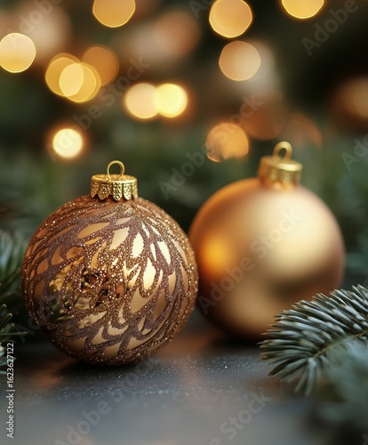 Golden Christmas Ornaments With Decorative Patterns Against Blurred Festive L...