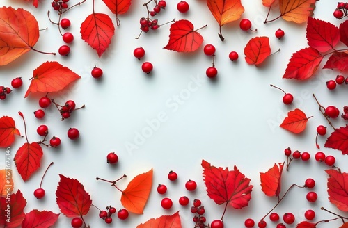 Colorful Autumn Leaves and Berries Arranged Artistically on a White Backgroun...