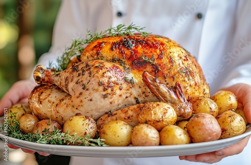 Perfectly Roasted Chicken Served With Golden Potatoes and Fresh Herbs for a D...