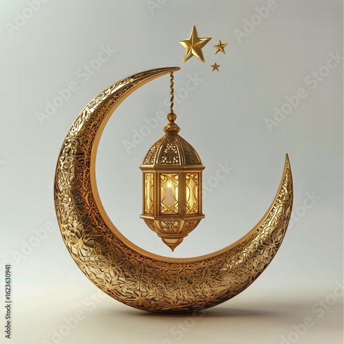 Decorative Golden Crescent Moon and Lantern With Stars Symbolizing Ramadan.