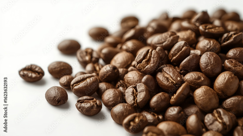 Obraz premium Hyperrealistic Close-Up of Freshly Roasted Brown Coffee Beans Scattered on a Clean White Background, Emphasizing Texture and Quality for Beverage and Culinary Designs