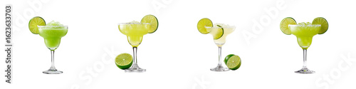 Set of  Lime margarita cocktails in glass with salt rim and lime slices  isolated on transparent background