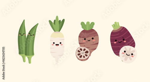 Illustration of okra, radish, lotus root, taro root and arrow head with cute cartoon faces on beige background