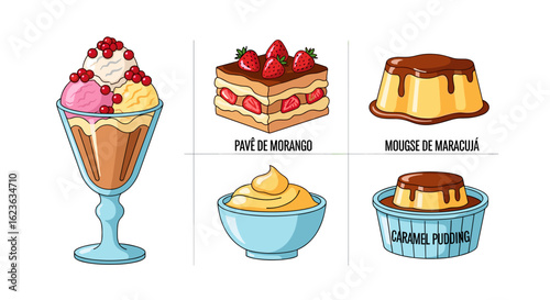 Illustration of a variety of desserts including ice cream, cake, mousse and caramel pudding treats