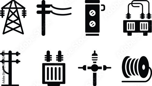 Electrical Component Icons Set, Utility Infrastructure Symbols, Transformer, Cable Spool, Insulator, Transmission Tower Vector Clipart for Power Industry Projects