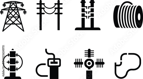Electrical Infrastructure Icons Set, Power Grid Elements, Transformer, Insulator, Cable Spool, Circuit Breaker, Busbar, Transmission Tower Clipart for Engineering Projects