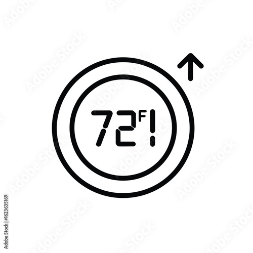 Digital Thermostat Icon Displaying 72 Degrees Fahrenheit with Arrow Upwards, Indicating Temperature Increase