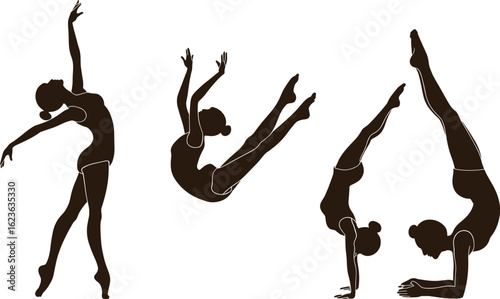 Gymnast dance silhouette set, standing pose, mid-air jump, handstand position, graceful movement illustration, athletic figure outline, elegant motion, physical performance art drawing
