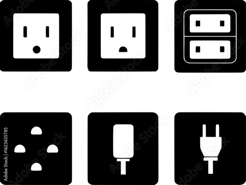 "Simple, flat-design icons in black and white depicting household electrical items: wall outlets, power cords, surge protectors, switches, fuse boxes, and various plug types. Icons are arranged in a n